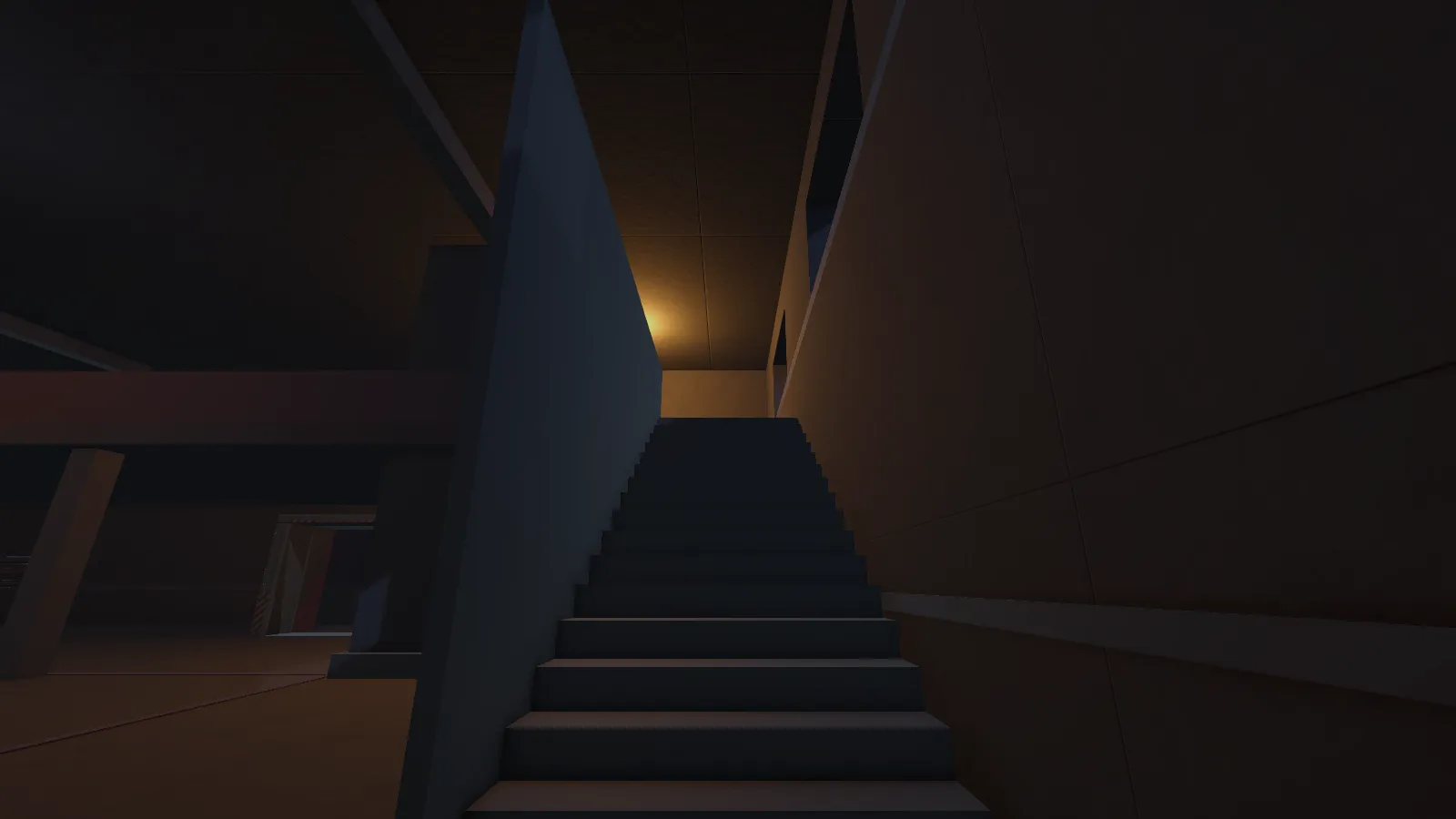 Deadshift, in-engine: a dark industrial stairwell climbing toward a single warm light